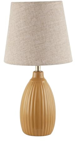 Happy Homewares Mustard Ceramic Etched Lined Table Lamp with Natural Oatmeal Linen Fabric Shade | 25cm Height | Inline Switch Button