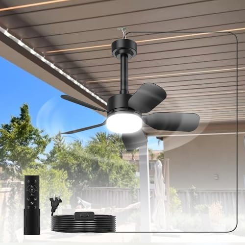 Lightweight and Remote-Controlled Small Ceiling Fan, 20 inches 30W 2000 Lumens 3 Colors 3000K-6500K for Patios, Gazebos, and Canopies, 6 Speed Outdoor Fans for Garages, Camping, RV, Tents