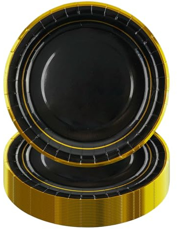HiEnjoin 50pcs Black Party Plates,9inch Gold foil Disposable Plates, Birthday Party Paper Plates, Suitable for Desserts, Anniversaries, Birthday Celebrations and Wedding Celebrations