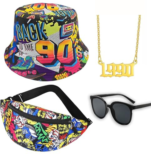 4 Stück Retro 90er Fischerhüte Set, 90er Jahre Accessoires, Hip-Hop-Rapper Kostüm Fish Hat Karneval Kostüm, mit Fischerhut Halsketten Gürteltaschen und Schwarze Brille Set