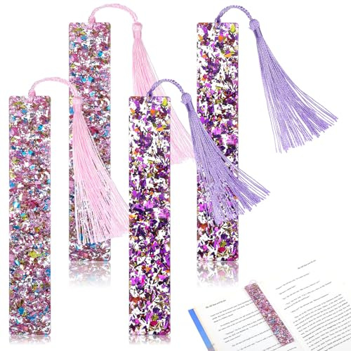 DOPENSPI 4 Stück Glitzerpulver Lesezeichen,Kristallharz Harz bookmark mit Bunter Quaste lila+rosa Lesezeichen aus Kunstharz ästhetische Seitenmarkierung Geschenk für Frauen Teenager Kinder