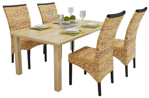Zeehear Esszimmerstühle 4er Set, Abaca & Mangoholz Massiv, Handgeflochten, 47x50x97 cm, Naturfaser Braun, Küchenstühle, Stühle für Esstisch