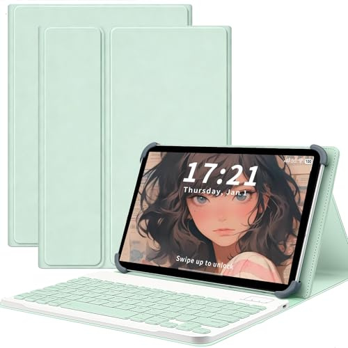 Vizbloc Custodia per tablet DEERTIME E15 da 10,1 pollici con tastiera staccabile 2 in 1 in pelle PU antiurto con supporto regolabile per studenti e uso in ufficio (verde menta, DEERTiME E15)