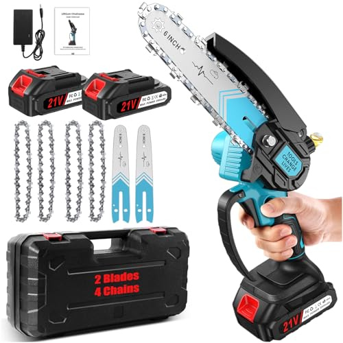 Mini motosega ricaricabile Mini motosega senza fili da 6 pollici 2 batterie da 2,0 Ah, potente motore da 21 V 800 W, motosega senza fili con batteria e caricabatterie per tagliare legno