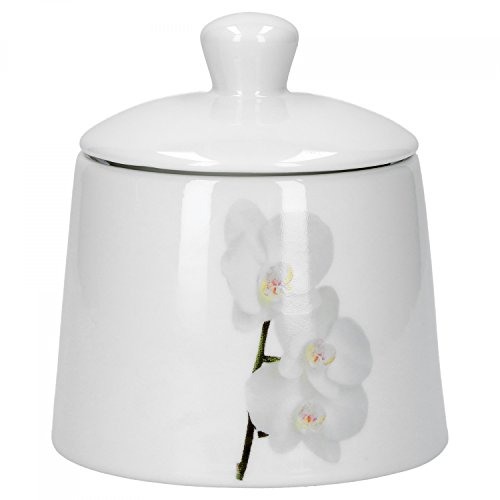 Van Well Vanda weiße Orchidee Zuckerdose mit Deckel, Ø 90 mm, 280 ml, Blumendekor, Kaffeezubehör, edles Marken-Porzellan