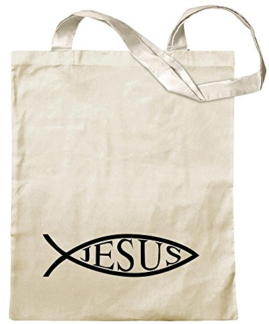 Kiwistar - Baumwolltasche - Natur - Jesus Fisch - Tragetasche Stoffbeutel Umhängetasche Langer Henkel