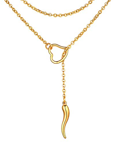 FOCALOOK Damen Y-Kette 18k vergoldet 80cm lang Rolokette mit Italienischen Horn und Herz Ring Anhänger einfach Cornicello Lariat Halskette Modeschmuck Accessoire für V-Ausschnitt Pullover