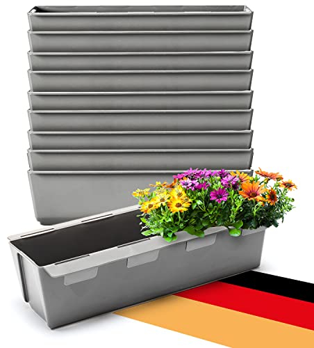 BigDean 10er Set Paletten Blumenkästen - Einsatz - mit Hängesystem zum Einhängen - 37cm Beton-grau - Pflanzkasten für Europalette Balkonkasten Blumentopf - aus recyceltem PP-Kunststoff