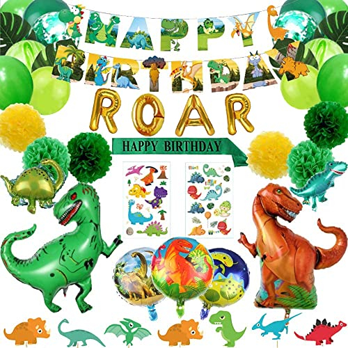 Finypa 70pcs Dinosaur Party Supplies Dino Party Decorations for Kids Birthday Party Favors Jungle Balloons Dinosaur Cake Topper,Pump Tattoo,Strap,Pom poms