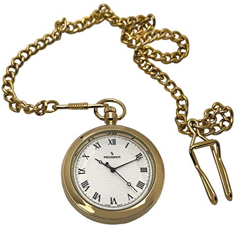 Peugeot Men's 14Kt Gold Plated Vintage Pocket Watch with Chain, 40mm Open Face, Engravable with Easy to Read Roman Numbers
