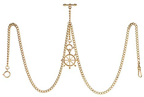 TREEWETO Taschenuhrkette mit T Bar Endstück Gesamtlänge 72cm Doppel Albert T-Bar Taschenuhr Kette mit Antiker Ruder Anhänger und 3 Haken für Weste Knopfloch Gold