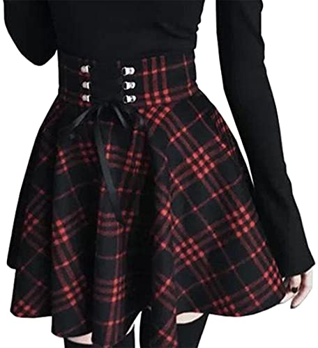 PADOLA Rock Damen Faltenrock Damen Karierter Rock Winter A Linie Minirock High Waist Plissee Rock Schulmädchen Plaid Skirt Steampunk Gothic Rock Schottenrock (Schwarz Rot Plaid, S)