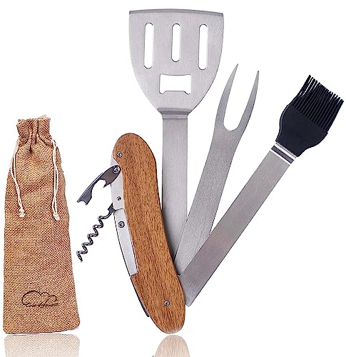 5 in 1 Barbecue Accessories, Collapsible & Portable Grill Tools Set for BBQ Grilling and Camping, BBQ Tool Set Stainless Steel Grilling Accessories Gift for Men Father (with Bag)