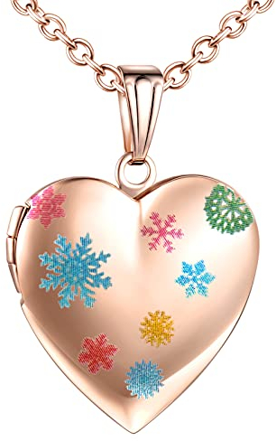 Yumilok Damen Kette Medaillon Kette Foto Schneeflocke Halskette Photo Medaillon Herz Amulett Anhänger Edelstahl Schmuck für Mädchen Roségold