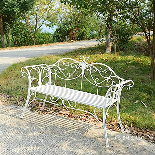 Yclty Outdoor Metall Gartenbank Stuhl Doppelsitz mit Dekorativer Gusseisen Rückenlehne, Balkon Parkbank, für Garten, Hof, Terrasse, Veranda und Wintergarten (Color : White)