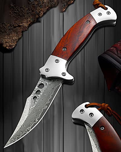 Omesio Couteau de Poche Damas Couteau Pliant Damas, Couteau de Poche Japonais Damas Manche en Bois Damas pour Le Camping et la Chasse (Couteau à Une Main Arbre à Pivoine)