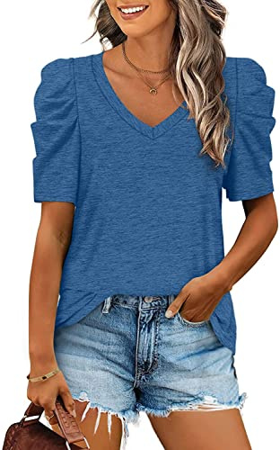 Manxing T Shirts for Women V Neck Short Sleeve Ladies Puff Sleeve Tops Solid Color Casual Summer T Shirts Blue