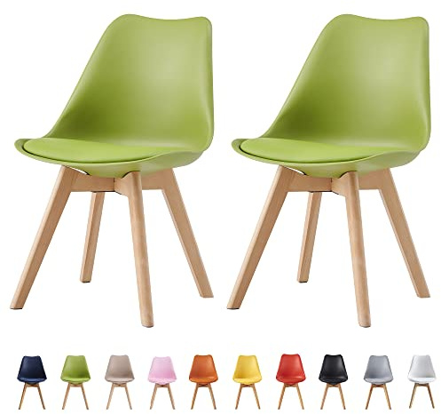 mcc direct Set of 2 Dining Chairs Wooden Legs Soft Cushion Pad Stylish DELUXE Retro Lounge Dining Office EVA (Green)