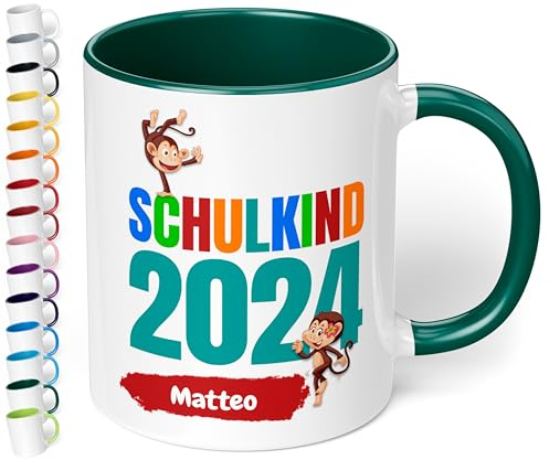 Geschenk zur Einschulung für Mädchen und Jungen: personalisierte Tasse Schulkind 2025 Affen-Motiv mit Namen, Dunkelgrün