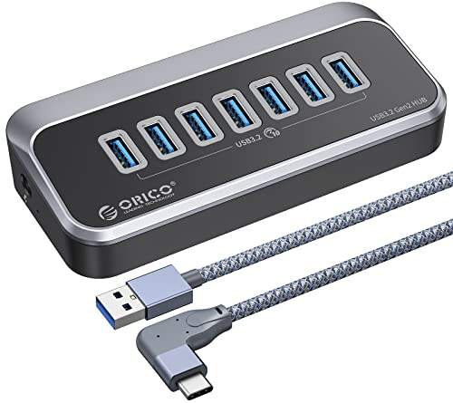 ORICO USB C Hub, 7 Puertos USB 3.2 Gen 2 Hub de Datos con supervelocidad 10 Gbps, Divisor USB ABS con 1m Cable y Puerto de Fuente de alimentación USB C 5V/2A, Adaptador USB para Mac Pro/Mini, PC, HDD