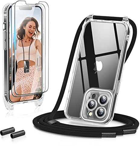 GOODVISH 3 in 1 Handykette für iPhone 13 Pro 6,1, mit 2 Stück Schutzfolie | 360°-Schutz | Kameraschutz | Necklace Hülle mit Band Handyhülle für zum Umhängen | Transparent Case mit Schnur - Schwarz