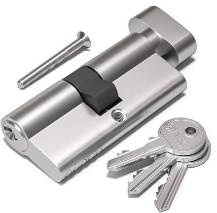 Bwintech 1 Pcs 40T/50mm Euro Cylindre en laiton, 90mm Thumbturn/Key Barrel Lock avec 3 clés en laiton standard,anti-crochetage, anti-perçage, anti-claquement, anti-choc, nickel satiné