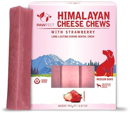 Pawfect Himalayan Cheese Dog Dental Chews Strawberry | Long-Lasting Natural Yak Milk Chews for Medium Dogs | Grain Free, Teeth Cleaning, Pack of 3 (195g) | 3-pack