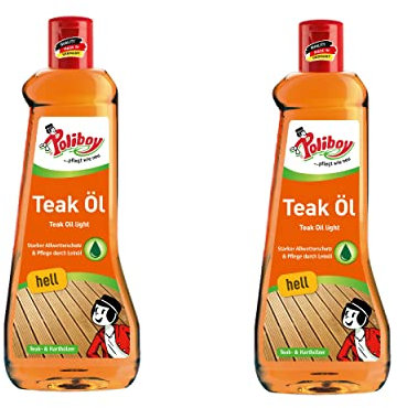 Poliboy Olio per Teak, Olio per la Cura del Legno per legni duri Chiari, Protezione del Legno e rinfrescante del Colore, Ideale per mobili da Giardino, 2x500 ml, Made in Germany