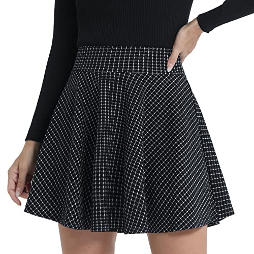 DJT Damen Mädchen Basic Solid Dehnbaren Informell Mini Skater Rock mit Shorts Schwarz kariert M