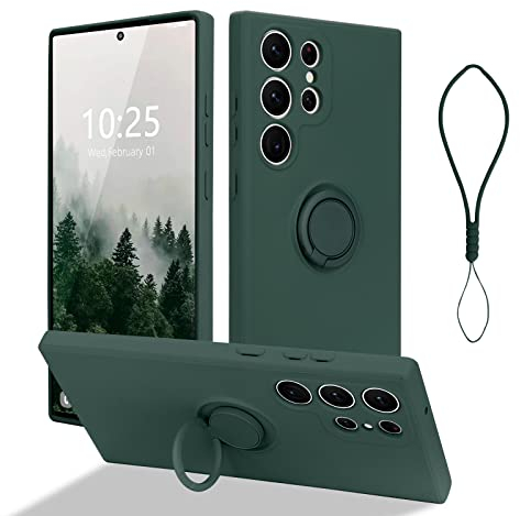 Pepmune Silikon Hülle für Samsung Galaxy S23 Ultra 5G Handyhülle mit 360 Grad Ring Halter Ständer Magnetischen Autohalterungen Kameraschutz Schutzhülle mit Band Kette Case für Samsung S23 Ultra Grün