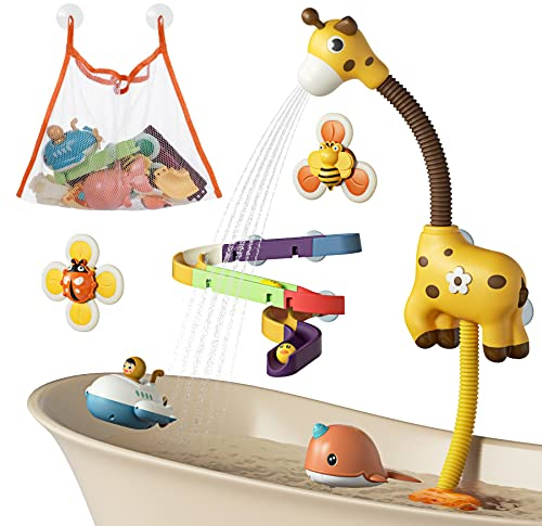 TUMAMA Badespielzeug Babys ab 1 Jahren, Badewannenspielzeug Set mit Wasserdusche, 2 Aufzieh Spielzeuge 2 Saug Spinner Spielzeuge Aufbewahrungstasche, Giraffe Wasserspritze Duschente für Kleinkinder