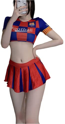 LureZone Cheerleading Uniform Damen Sexy Fußball Kurzarm Shirt Set Bühnenuniform Cosplay Party Halloween (6954 Rot und Blau)