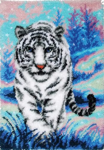 YOOTOM Knüpfteppich Zum Selber knüpfen, Tiger Knüpfsets Latch Hook Kit Selbst Knüpfen Set für Kinder und Erwachsene, Farbmuster vorbedruckt,50x38cm