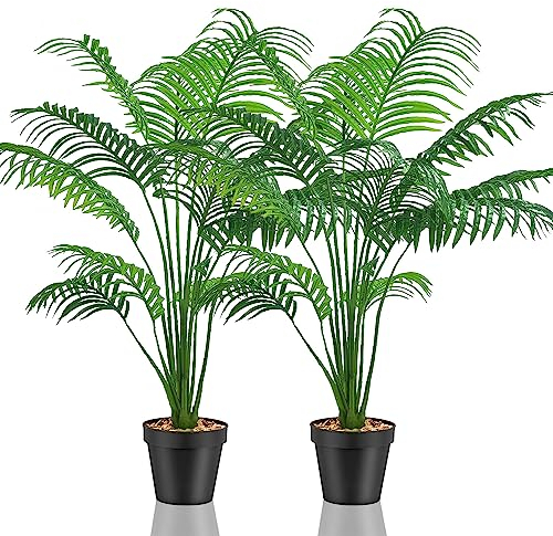 Lighterday Lot de 2 grandes plantes artificielles décoratives d'intérieur - Palmier artificiel en plastique pour bureau, maison, intérieur et extérieur (2 pots de palmier jaune artificiel)