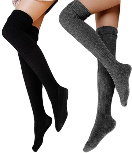 FGFD&OU Damen Overknee Socken Lange Strümpfe Strick Baumwolle Dicke Warme Überknie Kniestrümpfe Weihnachtssocken für Damen und Mädchen (Schwarz+Tief grau)