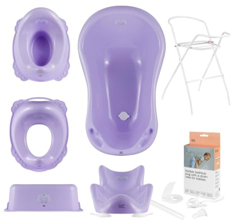 Hylat Baby Komplett-Set: Stabile Babybadewanne mit Gestell, Badesitz und Abfluss, Kinder-Toilettensitz, Babytopf, Kinderschemel - Yeti Lila - TÜV Rheinland zertifiziert - Lite-Kollektion