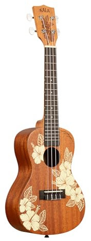 Kala Brand Music Co. 4-Saiten-Ukulele, rechts, gebeiztes Mahagoni mit elfenbeinfarbener Grafik, Concert (KA-Hibiscus-C_W/Bag)