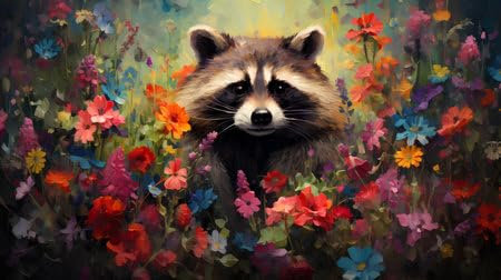 Acryl-Bild 70 x 40 cm: Waschbär auf einer Blumenwiese. Digitale Zeichnung. (211483825)