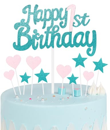 Blue Pink 1st Birthday Cake Topper, Girls Decorations, Glitter Heart Stars First Cake Toppers, Personalised Happy Cupcake Toppers for Baby Party Supplies