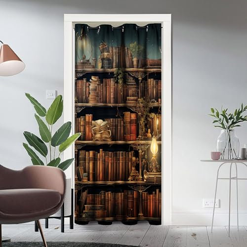 Llylumty Vintage-Bücherregal, Türvorhang, Privatsphäre, Retro, Mitte des Jahrhunderts, Bücherregal, Haus, Privatsphäre, Verdunkelung, Ösen, Türvorhang für Treppenhaus, Waschküche, Badezimmer, 203 x