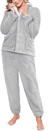 RITOSTA Pigiama Donna Invernale Lungo Pigiami in Pile Due Pezzi Morbido Pigiama Natalizio Felpa Manica Lunga e Pantalone Sleepwear Sets Caldo Completo Tuta Invernali con Pulsante (Grigio,M)