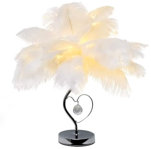 GUANSHAN Weiße Feder-Tischlampe mit Sternenbeleuchtung, romantische Tischlampe mit Federlampenschirm, dekorative Nachttischbeleuchtung, Nachtlicht für Schlafzimmer, Wohnzimmer