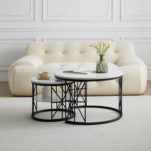 VASOENY Nesting Couchtisch 2er Set, Runde MDF Couchtische mit Stauraum und Metallrahmen, Center Tisch für Wohnzimmer, Büro