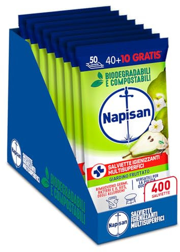 Napisan Salviette Igienizzanti Multisuperfici Giardino Fruttato, Confezione da 8 Pacchi da 50 Salviette Igienizzanti Biodegradabili e Compostabili