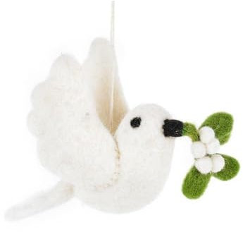 Festive Felt Dove Bauble with Mistletoe - Christmas Tree Ornament, Xmas Tree Decoration