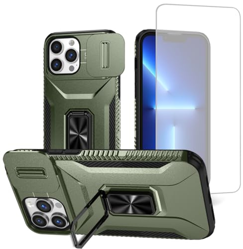 Vavies Case for iPhone 13 Pro Max Case, Apple 13 Pro Max Case with Tempered Glass Screen Protector and Slide Camera Cover, Magnetic Ring Car Mount Holder Shockproof Cover for iPhone 13 Pro Max Green