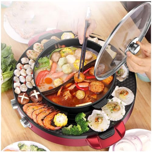 KJZHFOZ Multifunctional & Dual Temperature Control Korean Hot Pot With Grill Pan Electric Grill, Smokeless Shabu Shabu Pot With Divider, Non-Stick Indoor BBQ