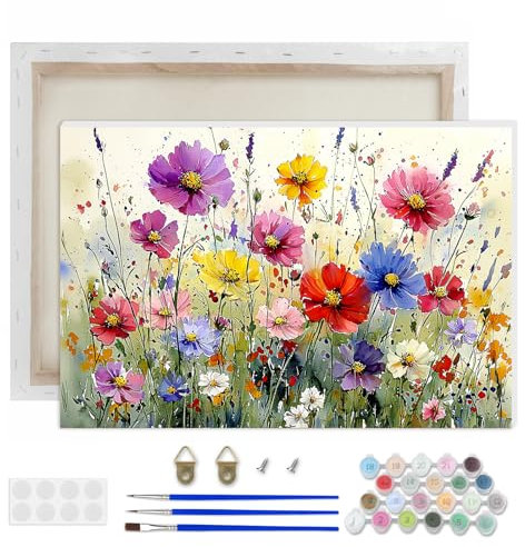 AIRDEA Fleur Sauvage Peinture Numero Adulte, DIY Kit Activité Manuelle Peinture Acrylique, Floral Peinture par Numero Adulte avec Pinceaux et Acryliques pour la Décoration Maison 30X20 cm (Encadrée)