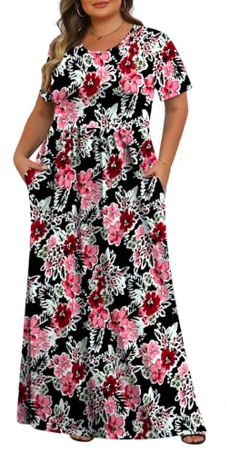 Tencede Womens Plus Size Maxi Dresses Summer 2025 Casual Short Sleeve with Pockets Long Dress 1X-5X