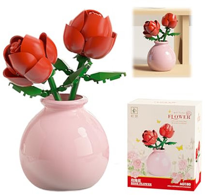 Caelura Klemmbausteine Blumen, Blumen Bausteine, Romantische Rosen Bausteine mit Plastikvase für Paare, Kreative Heimdekoration, Geschenkidee für Valentinstag oder Hochzeit